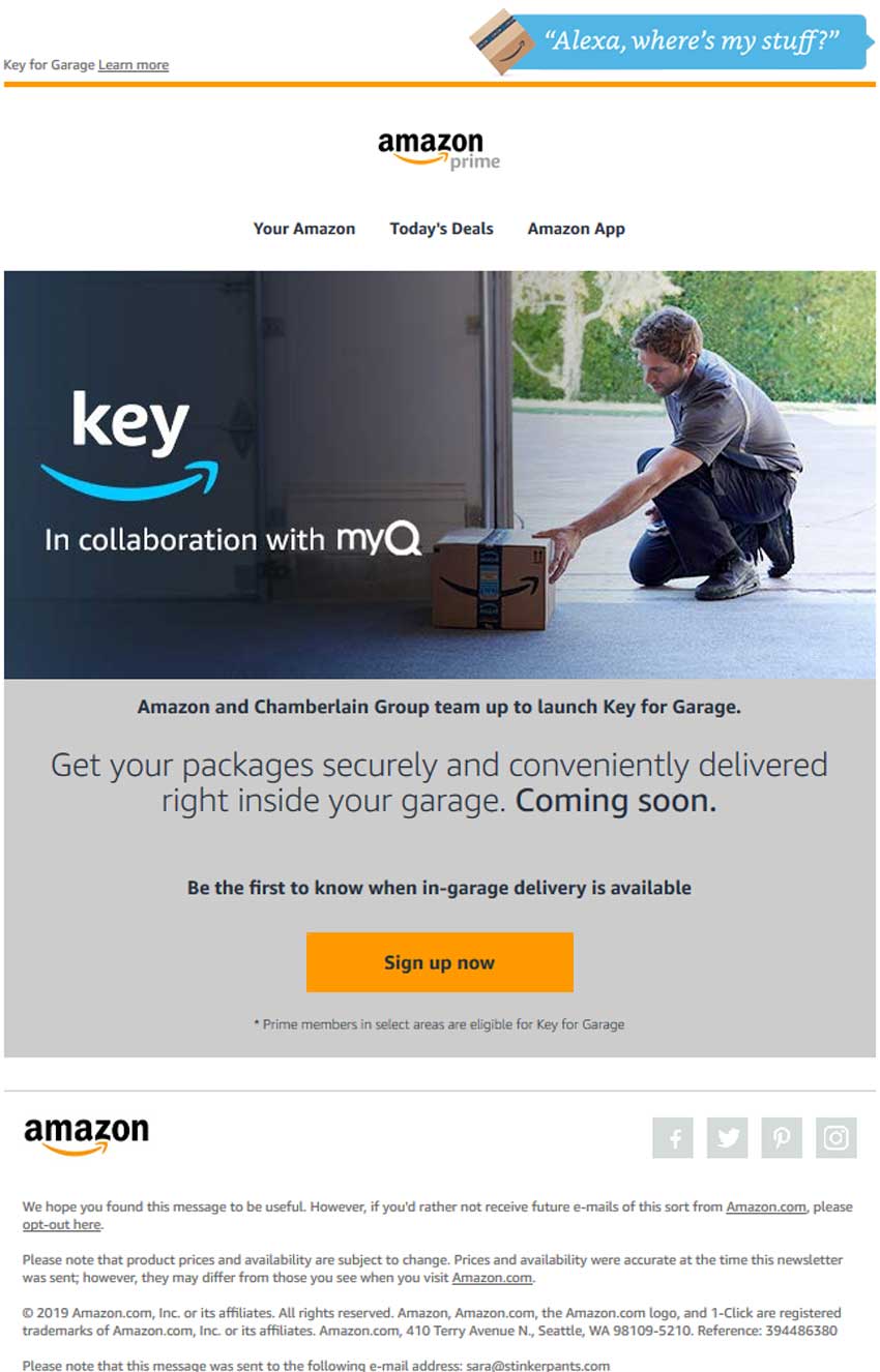 Amazon Key for Garage screenshot showing amazon.com homepage
