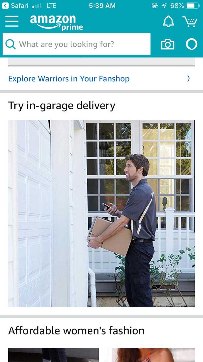 Amazon Key for Garage screenshot showing amazon.com homepage