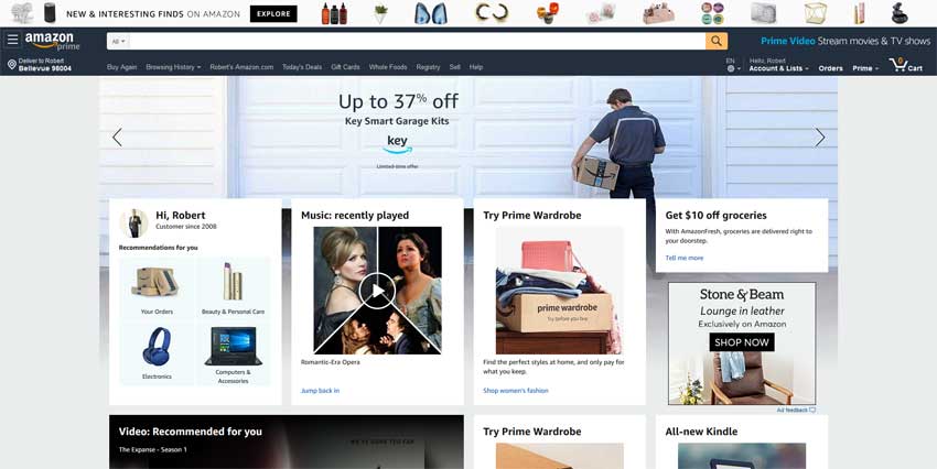 Amazon Key for Garage screenshot showing amazon.com homepage