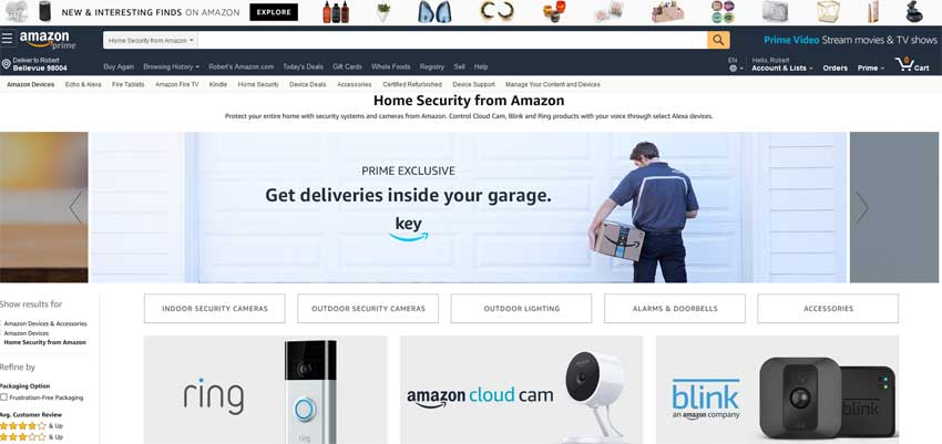 Amazon Key for Garage screenshot showing amazon.com homepage