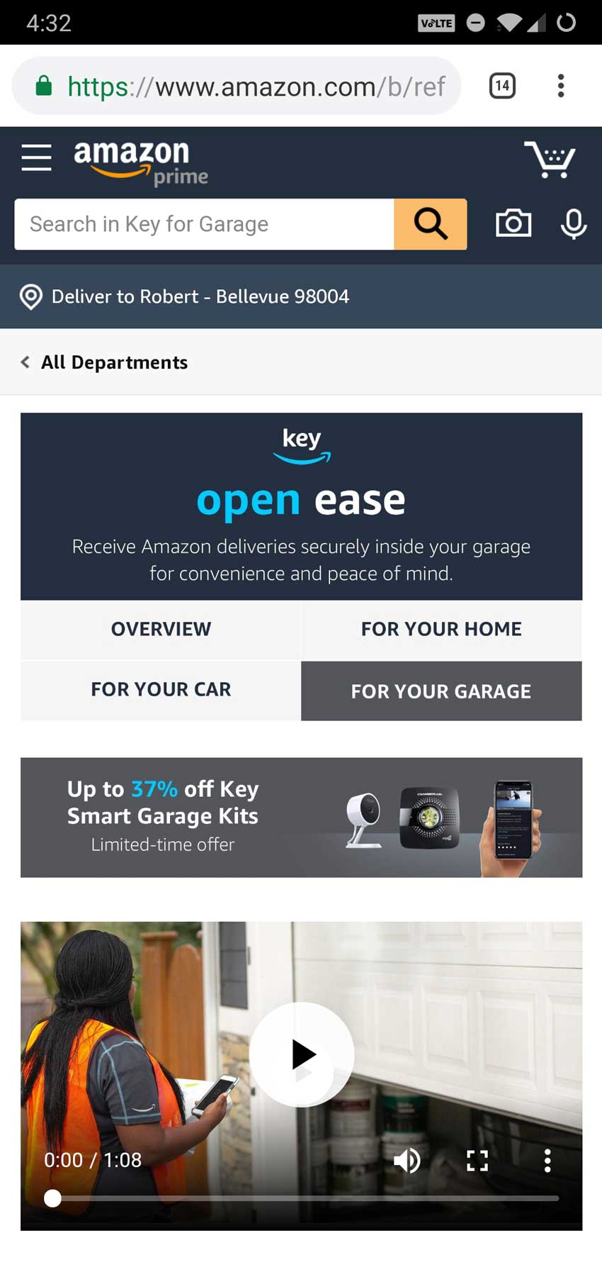 Amazon Key for Garage screenshot showing amazon.com homepage