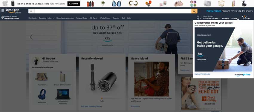 Amazon Key for Garage screenshot showing amazon.com homepage